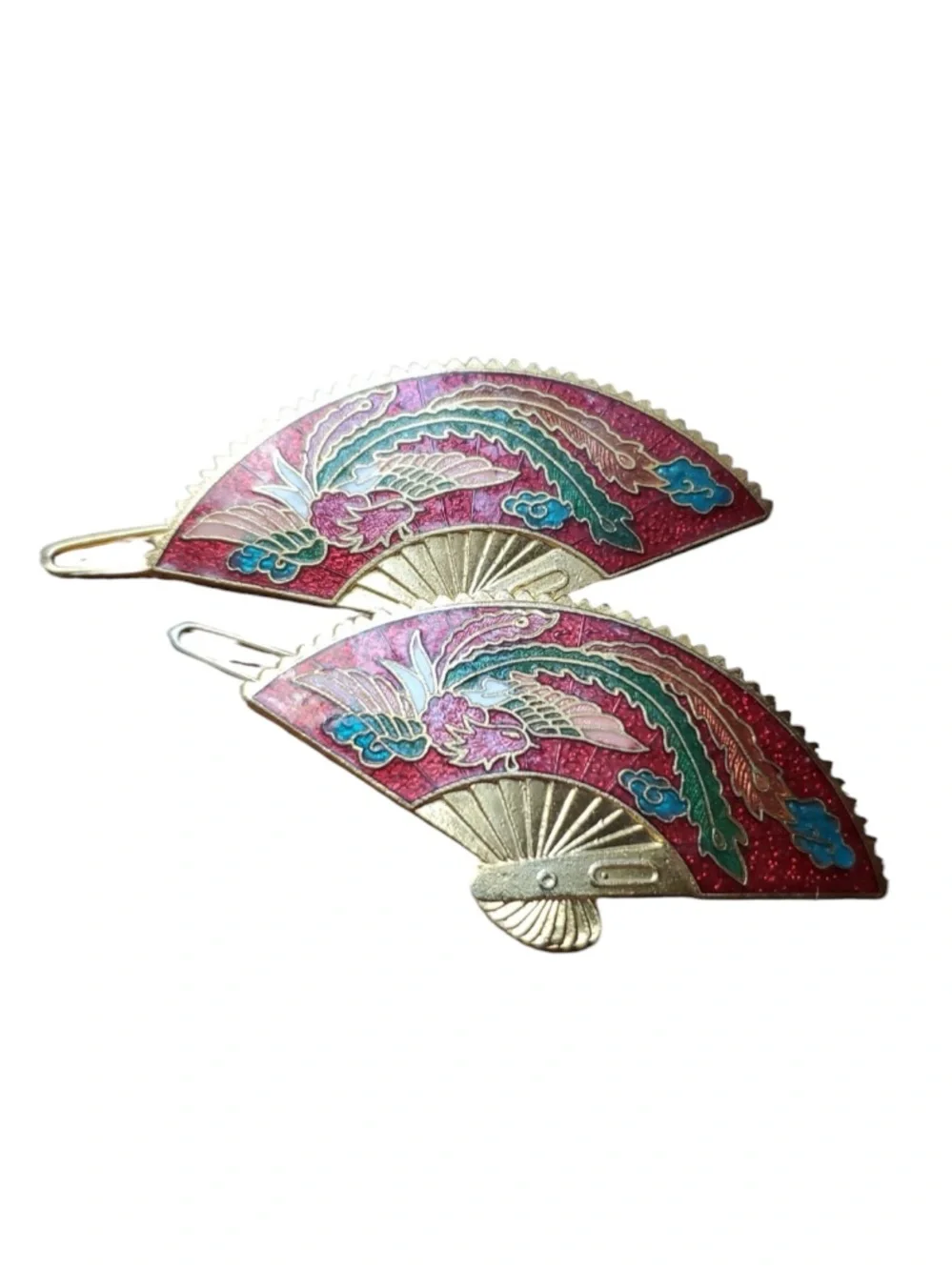 Vintage Cloisonné Fan Hair Barrettes